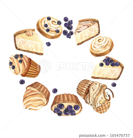 Watercolor frame dessert muffin, cupcake, bun, tart, cheesecake with blueberry. Hand-drawn illustration isolated on white background. Perfect food menu, design packing, bakery shop, cooking, tea party Watercolor frame dessert muffin, cupcake, bun, tart, cheesecake with blueberry. Hand-drawn illustration isolated on white background. Perfect food menu, design packing, bakery shop, cooking, tea party 105470737
