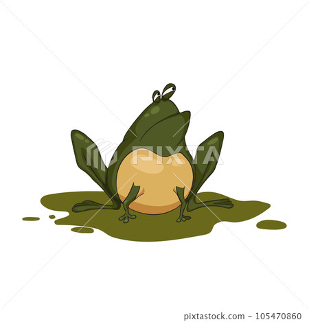 Cartoon isolated frog. Funny fat toad in a green swamp puddle. Crazy distrustful character. Comic reptile art 105470860