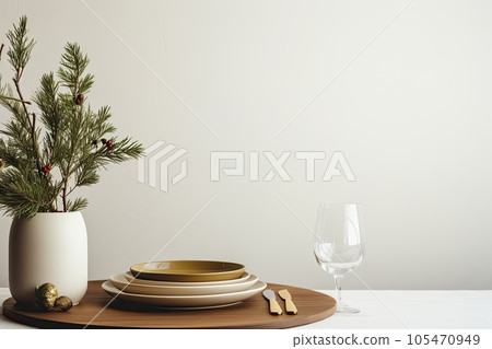 Christmas table setting with white decoration. Xmas dinner. Generative AI. 105470949