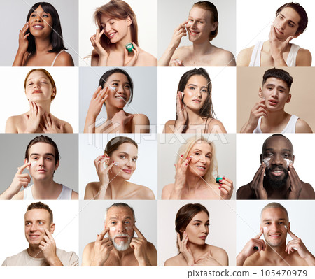 Collage. Men and women of different age and nationality taking care after skin condition with cosmetics 105470979