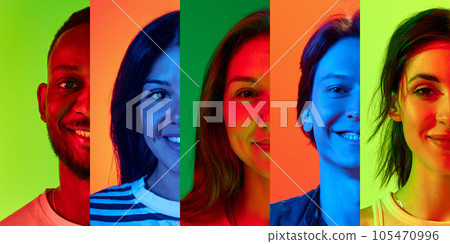 Close-up. Collage of cropped male and female halves of faces, placed on narrow vertical stripes in neon lights. 105470996
