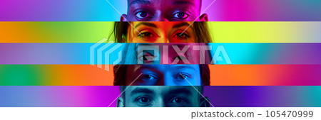 Cropped male and female different eyes placed on colored narrow stripes, lines. Concept of human emotions, facial expressions. Horizontal banner. Point of view 105470999