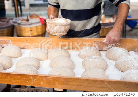 Bread preparation. loaves of dough before baking 105471270