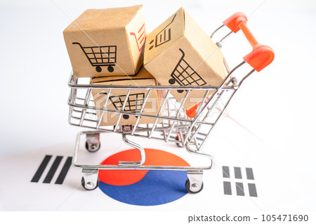 Box with shopping online cart logo and Korea flag, Import Export Shopping online or commerce finance delivery service store product shipping, trade, supplier concept. 105471690