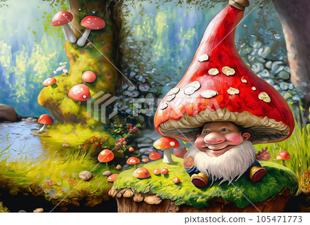 Happy Gnome with a mushroom hat, sitting on top of a red mushroom, 105471773
