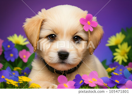 a cute puppy dog with flowerbed 105471801