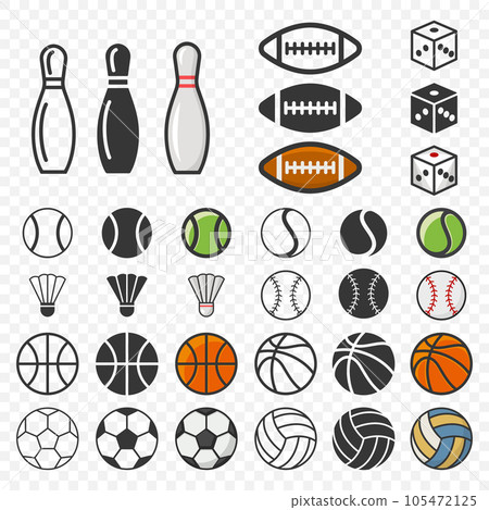 Vector Flat Sports Equipment Icon Set for Bowling, American Football, Gambling, Dice, Tennis, Badminton, Baseball, Basketball, Football, Volleyball - Balls, Skittles, Cubes and Shuttlecocks 105472125