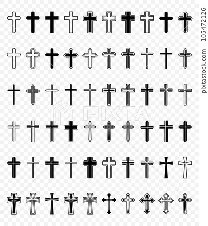 Flat Vector Black and White Christian Cross Icons. Line Silhouette Cut Out Black Christian Crosses Collection Isolated. 105472126