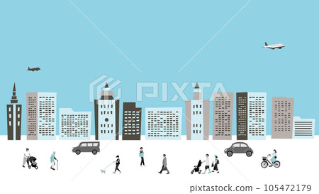 Cityscape and passersby vector illustration material set 105472179