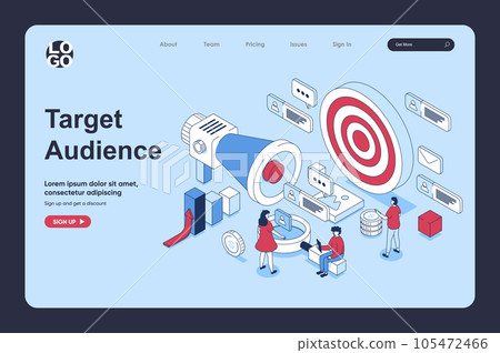 Target audience concept in 3d isometric design for landing page template. People studying customer trends and focus group, creating advert campaigns, attract new clients. Vector illustration for web 105472466