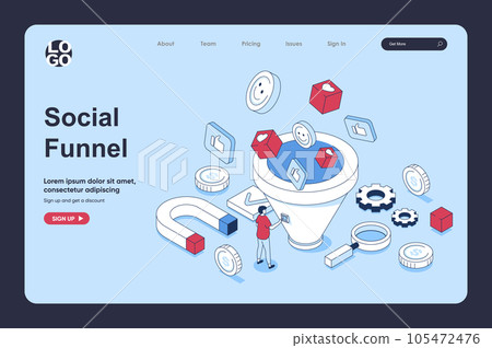 Social media funnel concept in 3d isometric design for landing page template. People creating content, attracting audience and converting, using lead generations strategy. Vector illustration for web Social media funnel concept in 3d isometric design for landing page template. People creating content, attracting audience and converting, using lead generations strategy. Vector illustration for web 105472476
