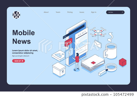 Mobile news concept in 3d isometric design for landing page template. People receiving new correspondence notifications, reading breaking news or articles at online press. Vector illustration for web 105472499