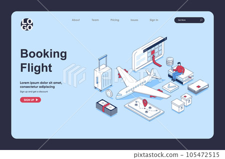 Booking flight concept in 3d isometric design for landing page template. People choosing travel destination by plane, creating route, ordering and buying tickets in app. Vector illustration for web Booking flight concept in 3d isometric design for landing page template. People choosing travel destination by plane, creating route, ordering and buying tickets in app. Vector illustration for web 105472515
