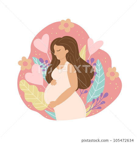 Happy pregnancy banner. Beautiful pregnant woman holds her big belly. Motherhood banner with organic leaves and flowers. Hand drawn design for card, poster, print, social media. Vector illustration 105472634