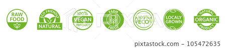 Natural product icon set. Gmo free. Organic food. Vegan, bio farm fresh badges. Locally grown. Healthy product label. Premium quality. Eco friendly tag. Sustainable life. Vector illustration 105472635