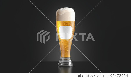 Blank transparent beer glass with white label mockup, dark background 105472954