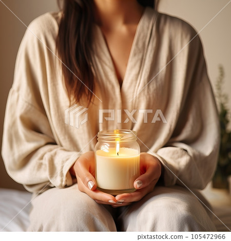 Young woman holding burning candle jar in her hands, container candle mockup closeup shot, mindfulness home interior in natural colors Young woman holding burning candle jar in her hands, container candle mockup closeup shot, mindfulness home interior in natural colors 105472966