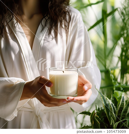 Young woman holding burning candle jar in her hands, container candle mockup closeup shot, mindfulness home interior with green plants Young woman holding burning candle jar in her hands, container candle mockup closeup shot, mindfulness home interior with green plants 105473009