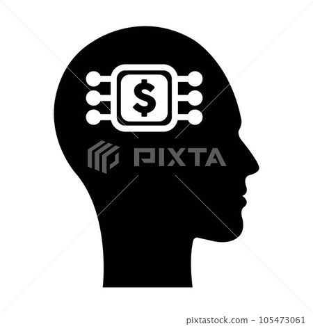 Dollar sign icon on futuristic human profile with a brain chip implant for Artificial Intelligence money and finance mind illustration in glyphs. Dollar sign icon on futuristic human profile with a brain chip implant for Artificial Intelligence money and finance mind illustration in glyphs. 105473061