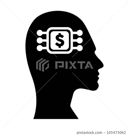 Digital dollar sign icon on futuristic human profile face with brain chip implant for AI Artifical Intelligence finance and money mind illustration in glyph pictogram. Digital dollar sign icon on futuristic human profile face with brain chip implant for AI Artifical Intelligence finance and money mind illustration in glyph pictogram. 105473062