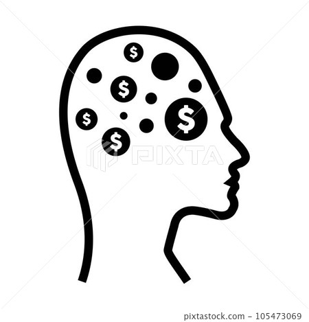 A dollar sign icon on a human profile face with a brain chip implant for Artificial Intelligence finance illustration in glyph pictograms. A dollar sign icon on a human profile face with a brain chip implant for Artificial Intelligence finance illustration in glyph pictograms. 105473069