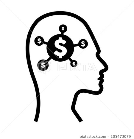 Dollar sign icon on futuristic human profile with a brain chip implant for Artificial Intelligence money and finance mind illustration in glyphs. Dollar sign icon on futuristic human profile with a brain chip implant for Artificial Intelligence money and finance mind illustration in glyphs. 105473079