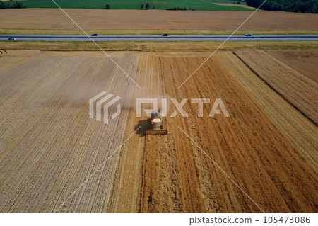 Harvesting machine working at agricultural field. Combine harvester collecting golden wheat field. Harvest reaping season 105473086