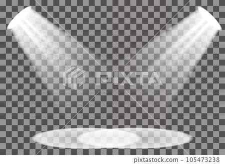 Searchlight illuminates the blank backdrop. Template with floodlight for presentation on a transparent background. Vector illustration eps10 format Searchlight illuminates the blank backdrop. Template with floodlight for presentation on a transparent background. Vector illustration eps10 format 105473238