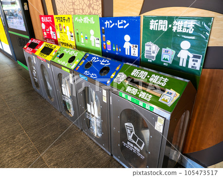 Garbage bins clearly separated with colorful illustrations (JR Ueno Station Grand Connecting Bridge Passage) 105473517