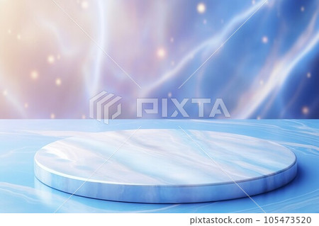 抽象背景橫幅配有散景燈和淺藍色大理石風格的柱展示架。 AI生成圖像 105473520