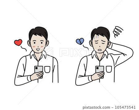 Depressed young man looking at smartphone 105473541