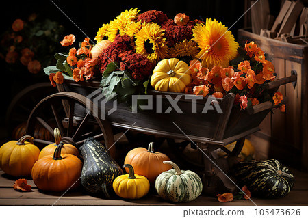 Autumn composition of pumpkins with red and yellow flowers in a garden wheelbarrow. Generative AI Autumn composition of pumpkins with red and yellow flowers in a garden wheelbarrow. Generative AI 105473626