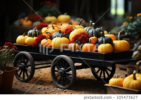 Autumn composition of pumpkins with red flowers in a garden wheelbarrow. Generative AI 105473627