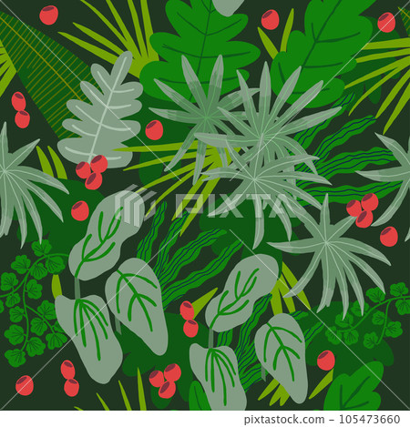 seamless abstract green pattern with leaves, berries, vector floral background. Vector illustration 105473660
