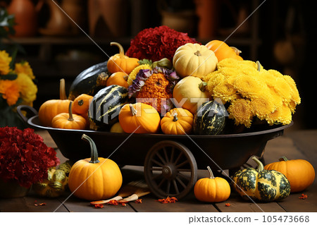 Autumn composition of pumpkins with red and yellow flowers in a garden wheelbarrow. Generative AI 105473668