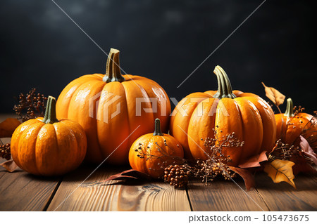 Autumn composition of pumpkins on wooden background. Generative AI 105473675