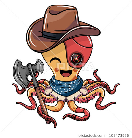 Cartoon comic western cowboy cyborg octopus character with a war axe. Illustration for fantasy, science fiction and adventure comics 105473956