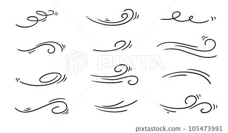Doodle wind line sketch set. Hand drawn doodle wind motion, air blow, swirl elements. Sketch drawn air blow motion, smoke flow art, abstract line. Isolated vector Doodle wind line sketch set. Hand drawn doodle wind motion, air blow, swirl elements. Sketch drawn air blow motion, smoke flow art, abstract line. Isolated vector 105473991