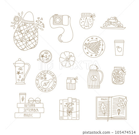 Autumn vector illustration set with cozy picnic elements. Book, apple, fall beverage, coffee for fun time. Autumn vector illustration set with cozy picnic elements. Book, apple, fall beverage, coffee for fun time. 105474514