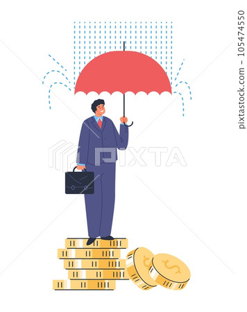 Businessman stands on coins under umbrella in the rain, success protection strategy in crisis storm vector illustration Businessman stands on coins under umbrella in the rain, success protection strategy in crisis storm vector illustration 105474550