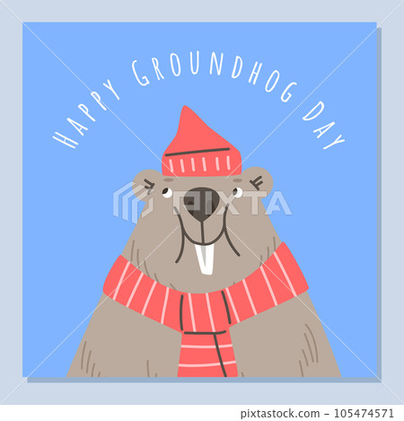 Happy groundhog day greeting card, cartoon flat vector illustration. Happy groundhog day greeting card, cartoon flat vector illustration. 105474571