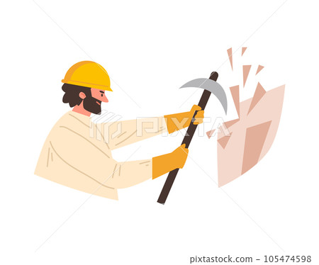 Man working with pickaxe, vector cartoon archaeologist or geologist in yellow protective helmet does excavation Man working with pickaxe, vector cartoon archaeologist or geologist in yellow protective helmet does excavation 105474598