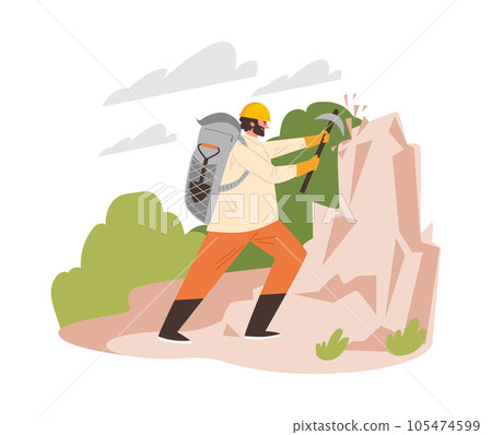 Geologist man crushes rock with special equipment flat style Geologist man crushes rock with special equipment flat style 105474599