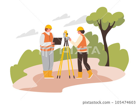 Geologist field work composition with man and woman taking geodetic measurements in nature landscape vector illustration 105474603