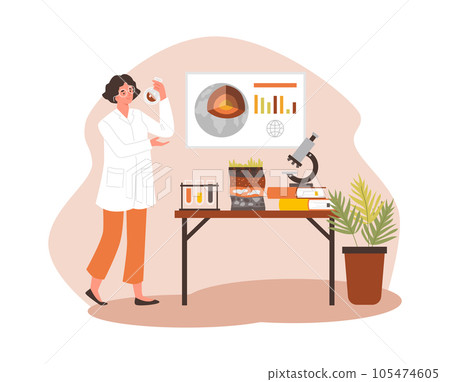 Geologist analyzing soil levels and composition, scientist woman work in laboratory cartoon vector illustration on beige 105474605