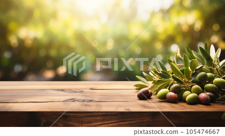 Ripe olive harvest And Empty wooden table with rural background. Selective focus on tabletop. Generative AI illustration 105474667