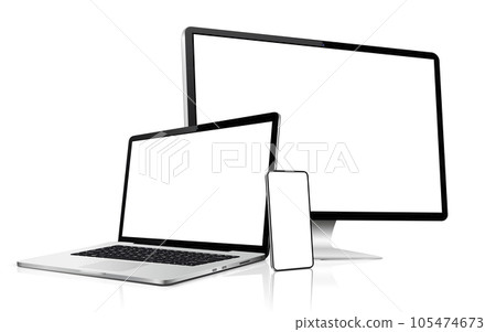 Realistic computer screen, laptop, phone. Flat lay detailed and realistic devices mockup 105474673
