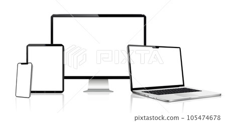 Realistic computer screen, laptop, tablet, phone. Flat lay detailed and realistic devices mockup 105474678