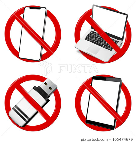 Not use digital devices. Set of prohibition sign. Forbidden signs isolated on white background. 105474679