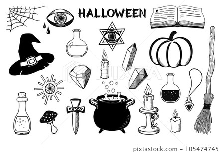 Halloween objects set. Magical hand drawn symbols. Witch cauldron, hat, broom, candles and other design elements for Halloween. Sketch style. Vector illustration Halloween objects set. Magical hand drawn symbols. Witch cauldron, hat, broom, candles and other design elements for Halloween. Sketch style. Vector illustration 105474745